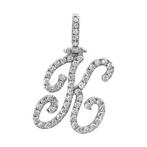 Round Cut Diamond "K" Calligraphy Initial Letter Pendant 14K White Gold 0.82Cttw